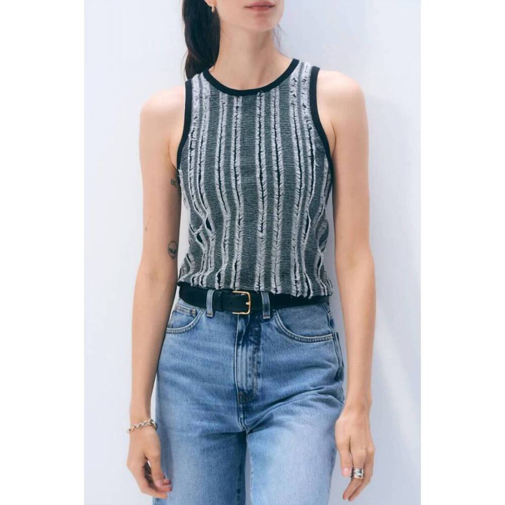 NEW WHITE + WARREN linen blend textured top in black/white